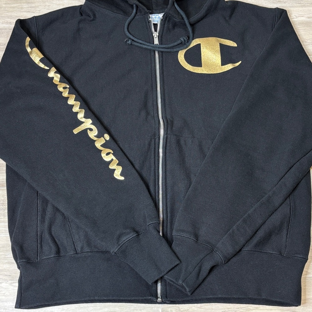 Champion Black Zip-Up Hoodie with Gold Accents